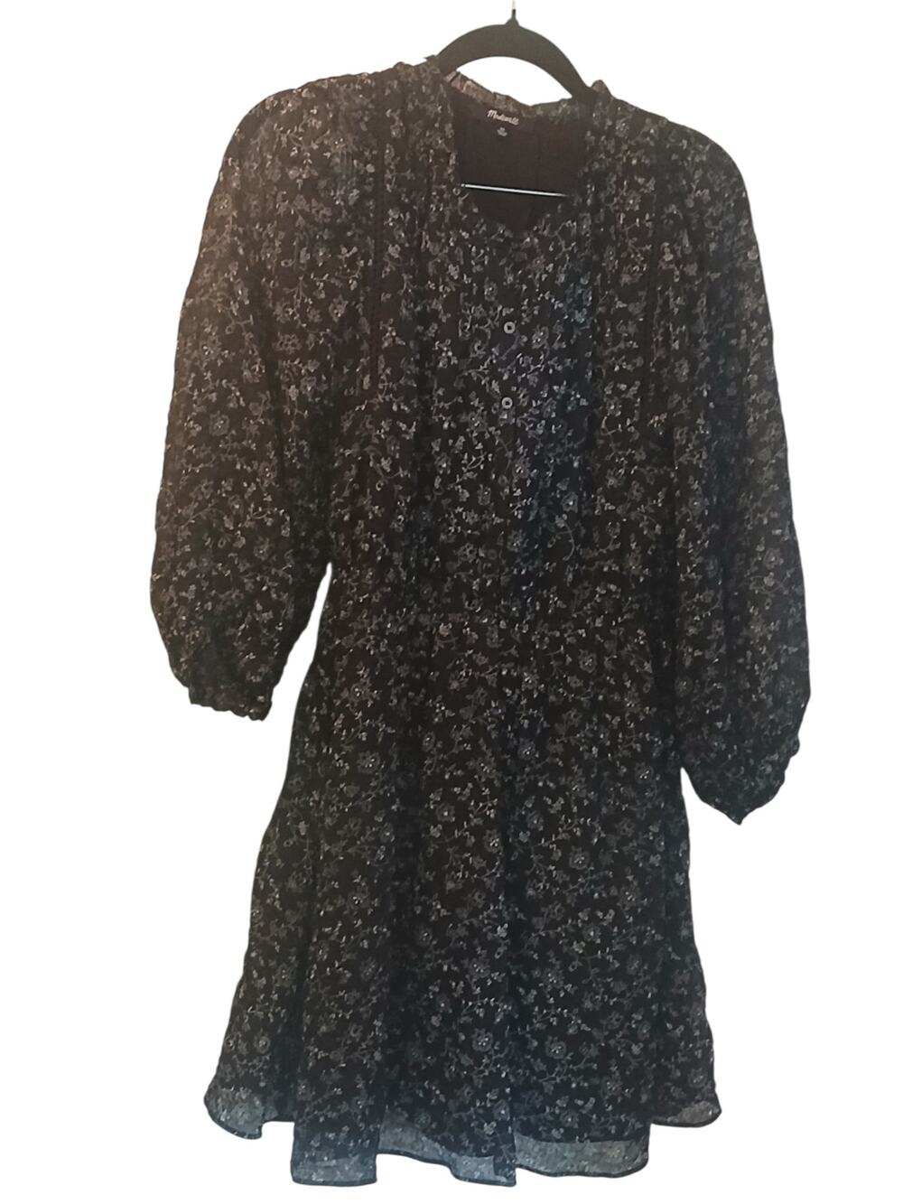 MADEWELL BOHO CHIC RUFFLE NECK BUTTON DETAIL SMOCKED WAIST LINED FLORAL BLACK XS